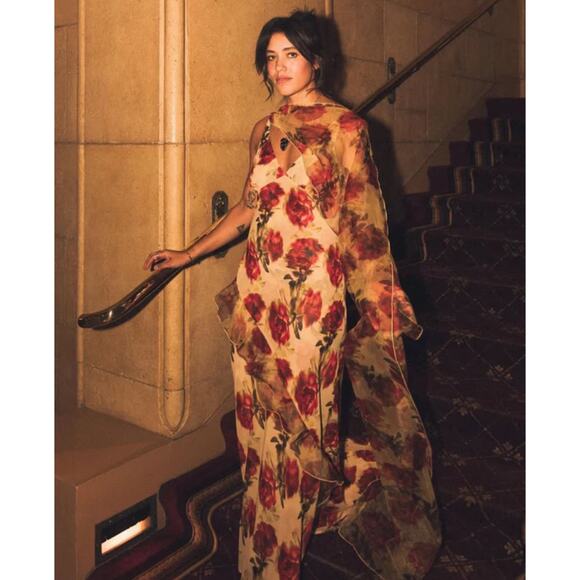 New For Love & Lemons Floral Stems Chiffon Scarf Maxi Dress Red Roses Medium - Picture 1 of 9